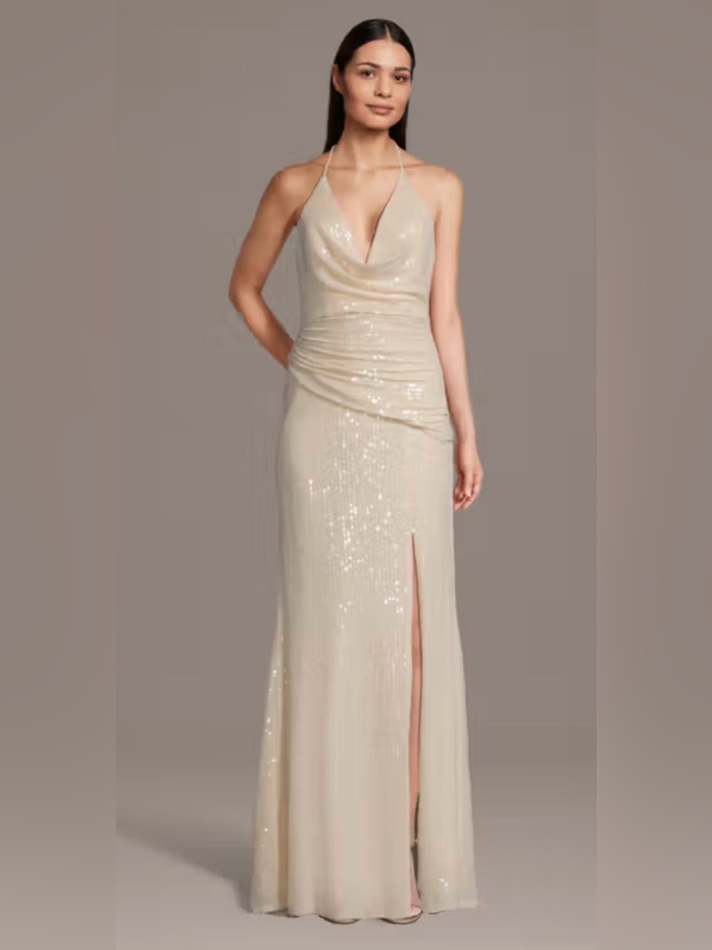 GALINA SIGNATURE
Cowl Neck Halter Draped Sequin Sheath Dress